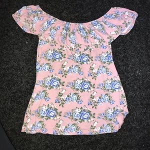 Off the shoulder pink floral shirt
